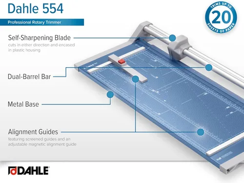 Vista 6 de Dahle 554 Cortadora Rotativa Profesional, Longitud de Corte de 28 Pulgadas, Capacidad de 20 Hojas, Autoafilado, Barra Guía Doble, Abrazadera