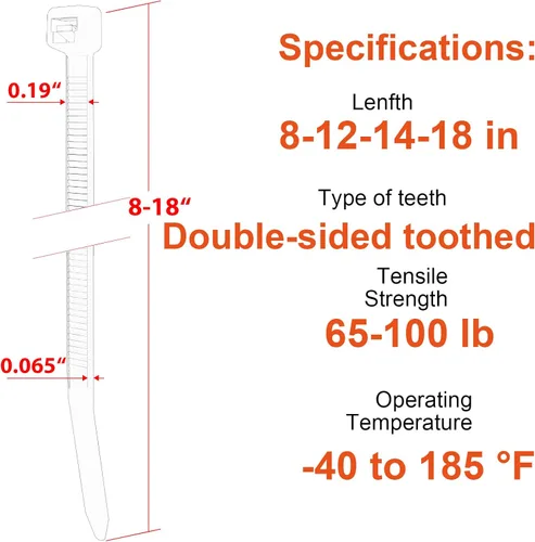Vista 2 de Bridas de Cables de Tamaño Surtido, 8+12+14+18 Pulgadas con Dientes de Doble Cara, 100 LBS de Resistencia a la Tracción, Bridas de Cable de Alta
