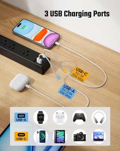 Vista 5 de SUPERDANNY - Protector de sobretensión con enchufe plano, tira de alimentación, cable de extensión ultra delgado de 6 pies con 3 USB