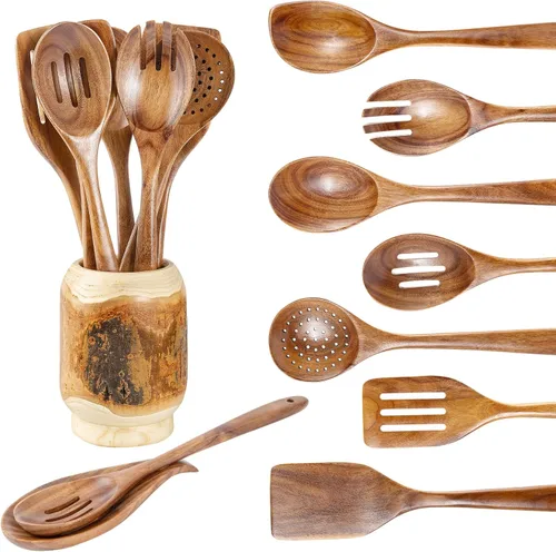 Vista 9 de GUDAMAYE - Juego de utensilios de cocina de madera, 6 cucharas de madera para cocinar, utensilios de cocina de madera, cucharas de madera de teca
