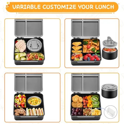 Vista 5 de MAXSO Set de Lonchera Bento para Niños con Termo de Sopa de 8 oz, Envase para Comida Caliente a Prueba de Fugas con 4 Compartimentos, Tarro