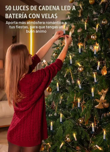Vista 2 de Minetom 50LED Battery Operated Christmas Tree Candles, Flameless 48FT Clip On Lights with 8 Modes, Waterproof Warm White String for Xmas Holiday
