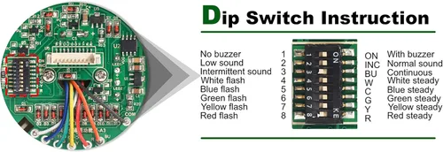 Vista 6 de Luz de señal LED Andon de 4 pilas con zumbador, rojo/amarillo/verde/azul, encendido/apagado/flash, interruptor selector ABB, adaptador de corriente