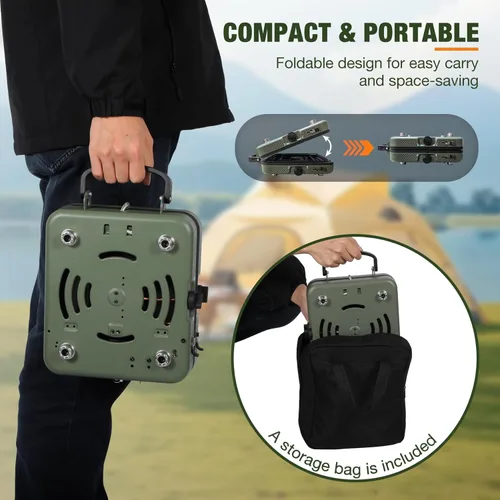 Vista 3 de Estufa de camping de propano de 2 quemadores, estufa de gas plegable portátil para acampar con 17200 BTU, dos quemadores ajustables con mango