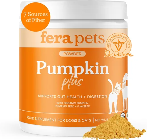 Fera Pets Cat & Dog Pumpkin Plus - Suplemento de fibra - USDA Orgánico - Apoya la salud intestinal y digestiva - Promueve la regularidad - 7 fuentes