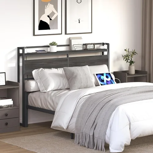 Vista 8 de HOOBRO Cabecera Tamaño Queen, Cabecera con 2 Tomacorrientes y 4 Puertos USB, Altura Ajustable, Estante de Almacenamiento, Resistente y Estable