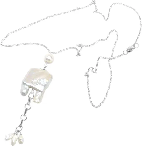 Vista 4 de Large White Notched Rectangle Cultured Freshwater Pearl Chain Necklace Sterling Silver Gold-filled