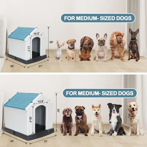 Vista 4 de Casa de plástico resistente al agua para perros pequeños a grandes, refugio para cachorros de interior con rejillas de ventilación y piso elevado
