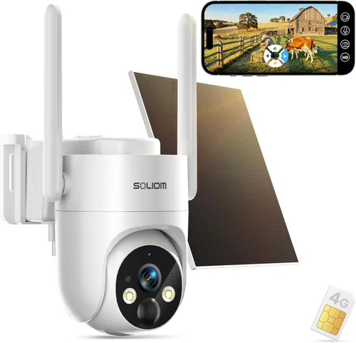SOLIOM Cámara de seguridad celular 4G LTE, sin cámara de seguridad WiFi para áreas remotas, cámara inalámbrica para exteriores, visión nocturna a