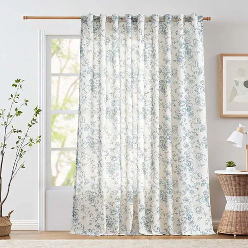 Vista 24 de JINCHAN Cortinas de mezcla de lino con flores para sala de campo francés, cortinas para sala de estar de 84 pulgadas de largo, cortinas impresas
