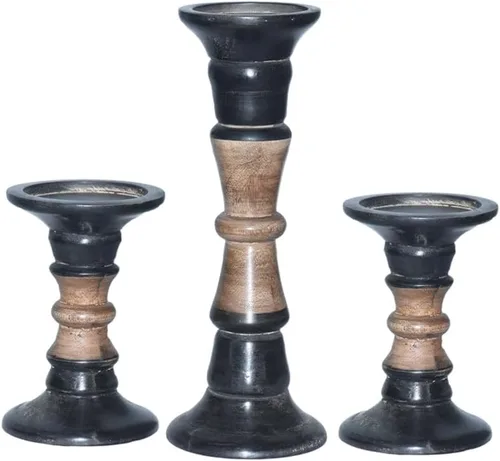 Vista 3 de Juego de tres portavelas de pilar de 6 pulgadas, 12 pulgadas y 6 pulgadas de madera de mango hecho a mano