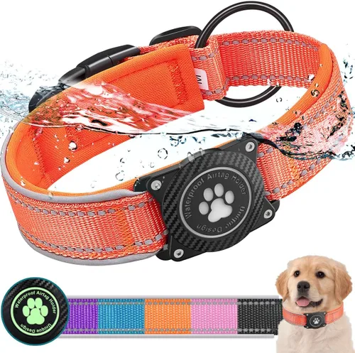 Vista 9 de Collar para perro Airtag con soporte impermeable para AirTag, luminoso reflectante, acolchado suave, collar de nailon ajustable para perros Negro