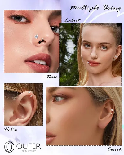 Vista 2 de OUFER Aretes de hélice de giro de 16G, oro macizo de 14 quilates, anillo de labio giratorio de circonita cúbica transparente, piercing para lóbulo