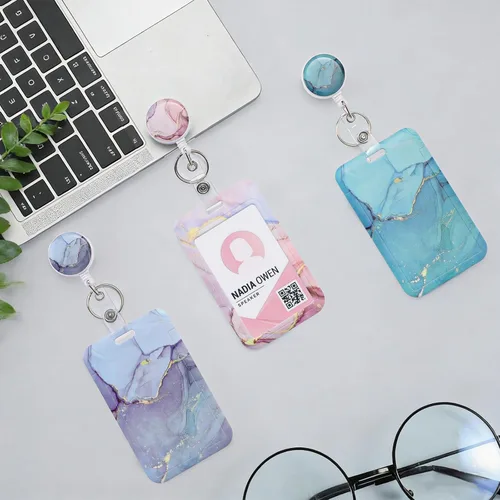 Vista 5 de Juego de 3 portatarjetas de alta resistencia con carrete retráctil, soporte retráctil de mármol para tarjetas de identificación con clip, funda