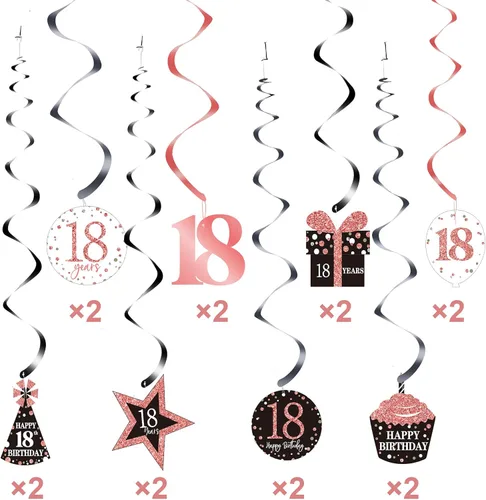 Vista 4 de Blulu 30 piezas de decoraciones de cumpleaños número 18 para niñas, remolinos colgantes de cumpleaños de oro rosa, decoraciones de techo, espirales