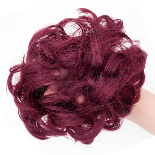 Vista 5 de 2 piezas de moño desordenado para mujeres y niñas, banda elástica de goma rizada, ondulado, sintético, moño (borgoña)