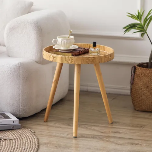 Vista 2 de Mesa auxiliar redonda, mesa auxiliar circular bohemia con patas de madera maciza, mesas auxiliares de ratán, sala de estar para espacios pequeños