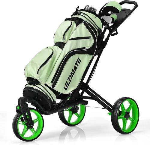 Tangkula Carrito de golf con rueda delantera giratoria de 360°, carrito de golf plegable de aluminio de 3 ruedas, carrito de golf con correa