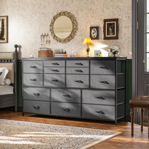 Vista 11 de Romorgniz Cómoda para dormitorio con 16 cajones de tela, cómoda larga con estación de carga, soporte de TV para televisor de 60" cómodas y cajoneras