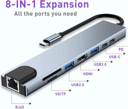 Vista 2 de Hub USB C, adaptador USB C 8 en 1 con HDMI 4K, 100 W PD, puerto USB C, USB 3.0, RJ45 Ethernet, lector de tarjetas SD/TF, estación de acoplamiento