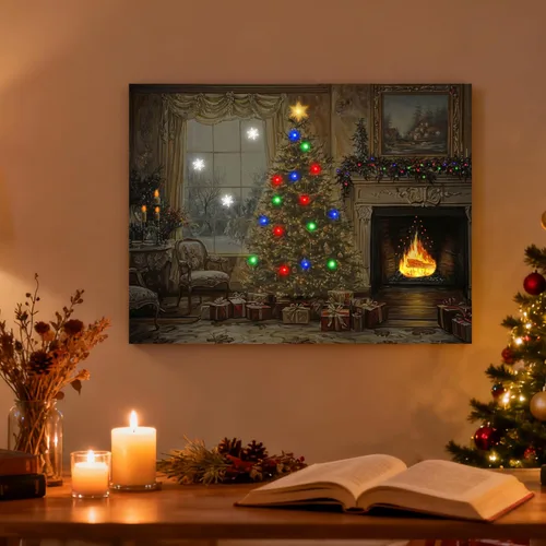 Vista 2 de Artiluxy Lienzo decorativo para pared con luces LED de Navidad, árbol de Navidad iluminado de 24 x 18 pulgadas con escena de chimenea, funciona