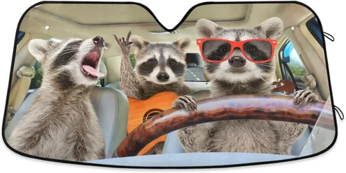 Vista 18 de Parasol plegable para parabrisas de automóvil, con estampado de mapache gracioso, animal conduciendo, protección contra rayos UV, parasol