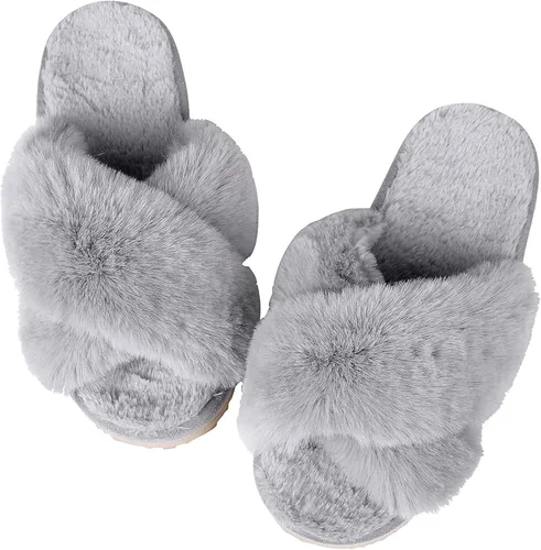 Vista 3 de Comwarm Pantuflas mullidas de banda cruzada para mujer, con puntera abierta, acogedoras, de felpa, para dormitorio, interiores y exteriores