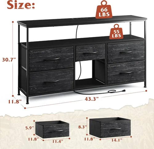 Vista 3 de EnHomee Soporte de TV con luces LED y tomas de corriente, centro de entretenimiento para TV de 50 pulgadas, soporte de TV con 5 cajones