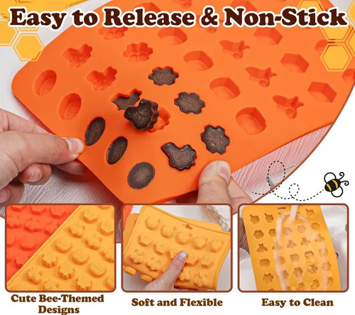 Vista 4 de Webake Molde de chocolate para dulces de abeja con 7 formas diferentes, molde de silicona de abeja de 35 cavidades para decoración de cupcakes
