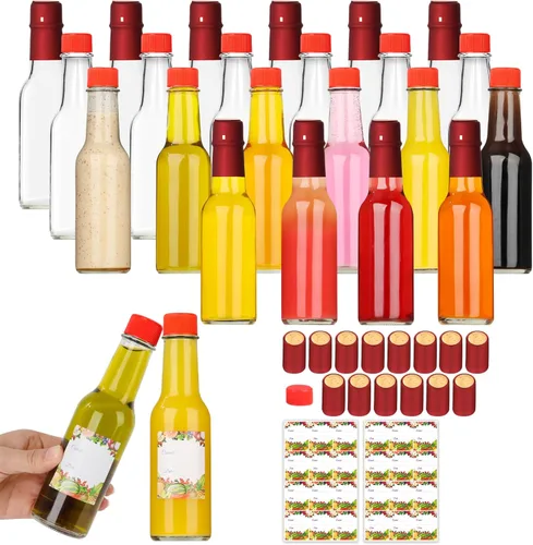 Vista 9 de Alotpower Paquete de 35 botellas de salsa picante de 5 onzas, botellas vacías de vidrio transparente con tapas de rosca negras a prueba de fugas