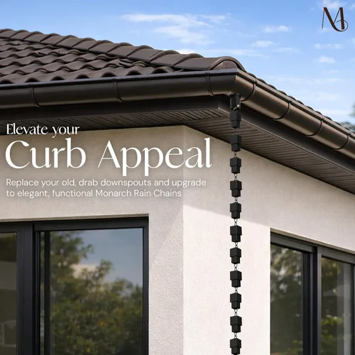Vista 6 de Monarch Rain Chains Cadenas de lluvia negras de aluminio multicubo para canaletas – Cadena de lluvia decorativa negra de 8.5 pies para exteriores