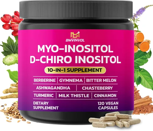 BMVINVOL Suplemento de inositol - Myo-inositol y D-Chiro Inositol Ideal 40:1 Proporción - Más Berberina, Canela, Ashwagandha + 5 Más - 120 Cápsulas