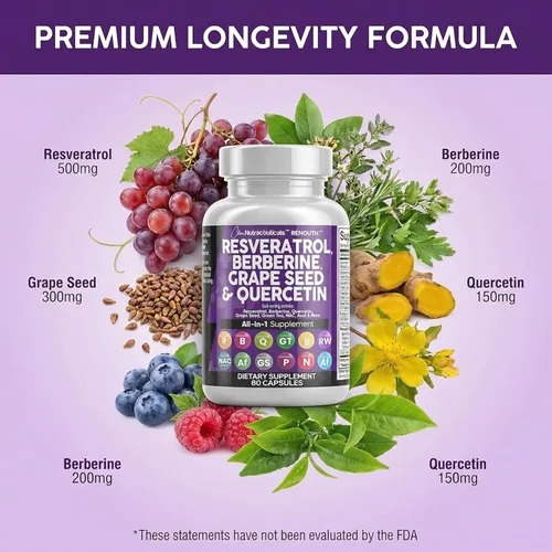 Vista 4 de Suplemento de Resveratrol Limpio Berberina Extracto de Semilla de Uva Quercetina Extracto de Té Verde Acai Noni Suplemento de Polifenoles
