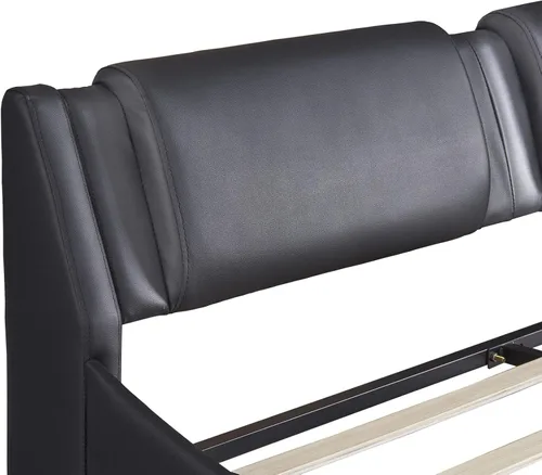Vista 4 de Marco de cama de plataforma de tamaño matrimonial con luces LED y cabecero moderno marco de cama tapizado de piel sintética soporte de listones