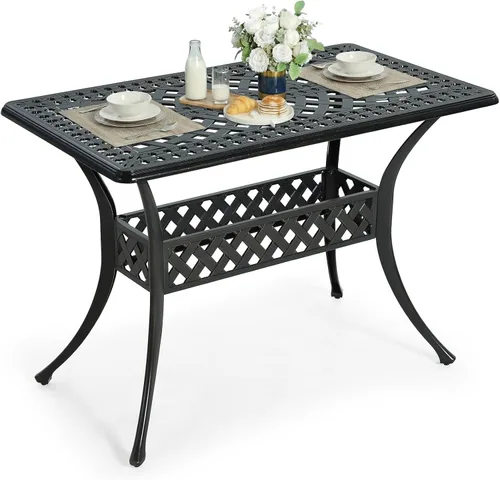 Vista 14 de VIVIJASON Mesa de patio de 30.5 pulgadas, mesa cuadrada de comedor al aire libre, mesa de comedor de aluminio fundido de bronce con agujero