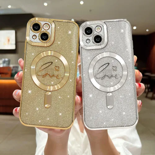Vista 4 de Funda magnética transparente con purpurina para iPhone 14, compatible con Magsafe, diseño de corazón de amor, chapado de lujo, protector completo