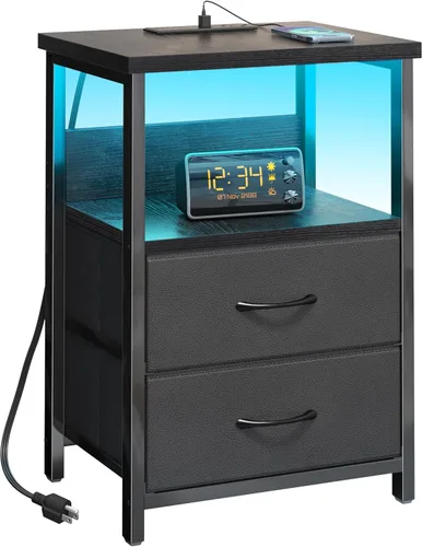 Fixwal Mesita de noche con estación de carga, mesita de noche LED con puertos U-S-B y tomas de corriente para espacios pequeños, 2 cajones de Negro