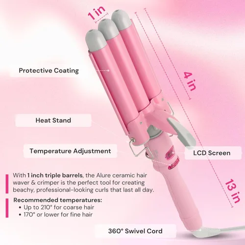 Vista 6 de Alure - Varita rizadora de tres barriles con pantalla LCD de temperatura, barriles triples de turmalina de cerámica de 1 pulgada, herramienta