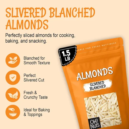 Vista 3 de Oh! Nuts Almendras blanqueadas plateadas – crudas – 100% naturales – 1.5 libras – Palitos de almendras blancas – Empaquetados en bolsa con cierre