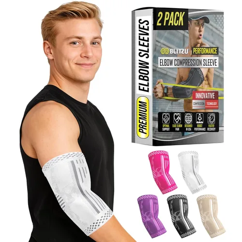 Vista 10 de BLITZU Paquete de 2 mangas de compresión de codo para tendinitis, soporte para codo de tenis para hombres y mujeres, golfistas, alivio del dolor