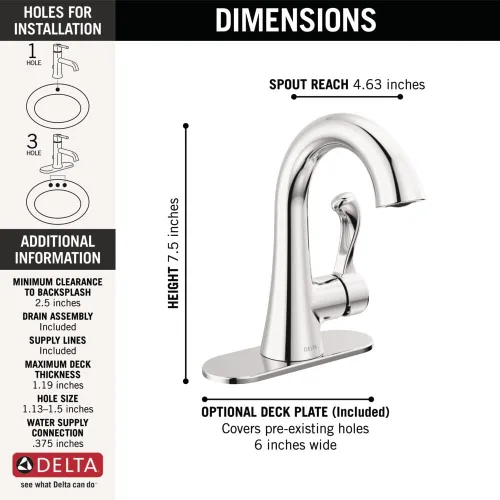 Vista 4 de Delta Esato - Grifo de baño cromado de 1 agujero, grifo de lavabo de baño de un solo orificio para tocador, montaje de drenaje push-pop, cromado