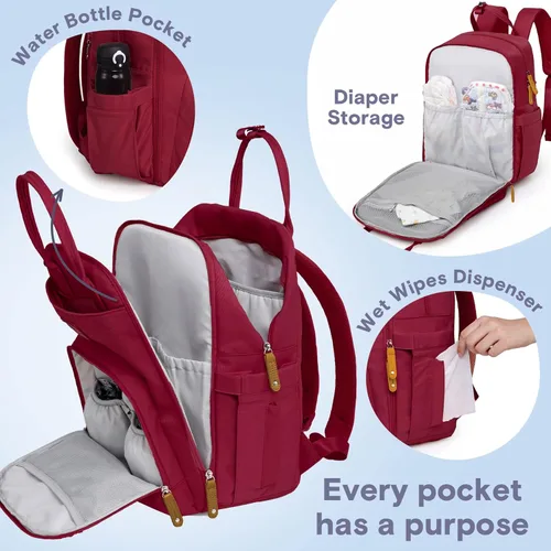 Vista 3 de RUVALINO Pañalera tipo mochila, mochila de maternidad multifuncional para viajes, bolsas para cambiar al bebé, de gran capacidad, impermeable, rojo