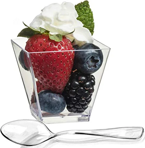 Vista 2 de zappy Paquete de 100 vasos de postre de plástico de 5 onzas, mini tazas de postre con cucharas, tazas de aperitivo, vasos de yogur, para fiestas