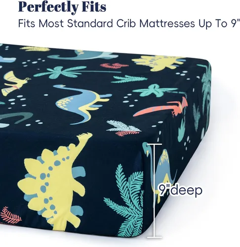 Vista 7 de PHF Paquete de 4 sábanas suaves de dinosaurio para cuna, cómodas sábanas transpirables para niños y niñas, 28 x 52 pulgadas, se adapta a colchones