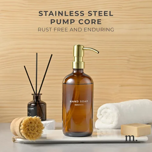 Vista 4 de MaisoNovo - Juego de dispensador de jabón de 1 pieza Botellas ámbar de 16.9 oz con bomba de acero inoxidable dorado