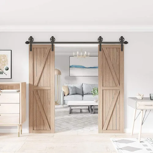 Vista 2 de WINSOON Kit de herrajes para puerta corredera de granero de 8 pies de madera, puerta doble deslizante, básica, color negro, rueda grande con radios