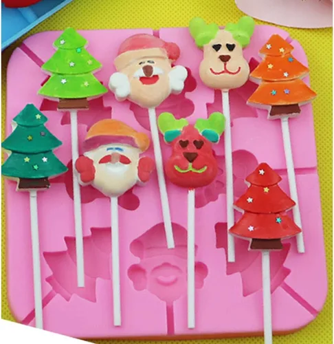 Vista 3 de 2 moldes de caramelo para piruletas de Navidad, 8 cavidades, moldes de silicona para piruletas de chocolate, incluye Papá Noel, árbol de Navidad