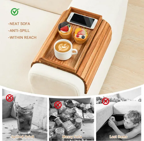 Vista 2 de GEHE Bandeja de madera de acacia para sofá, mesa auxiliar plegable para el brazo del sofá, mesa auxiliar con reposabrazos anticaídas, soporte