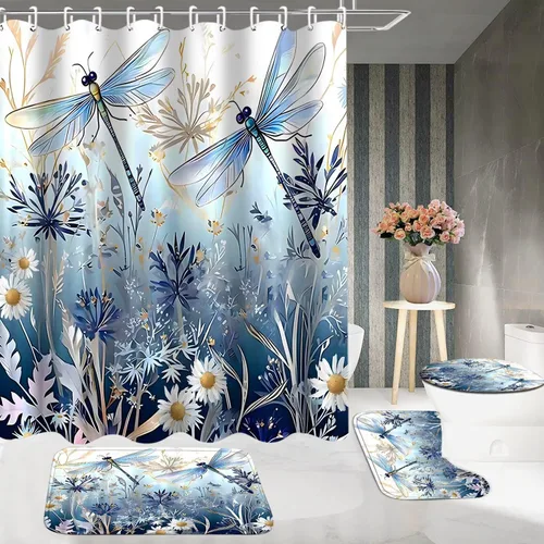 Vista 3 de DDQQ Juego de 4 cortinas de ducha de libélula de flores azules con alfombras, plantas florales neutrales, juego de decoración de baño impermeable