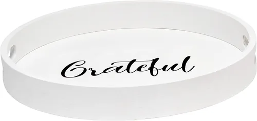 Vista 12 de Elegant Designs HG2013-GYS - Bandeja decorativa redonda de madera de 13.75" con asas, Bendecida y nunca estresada, gris